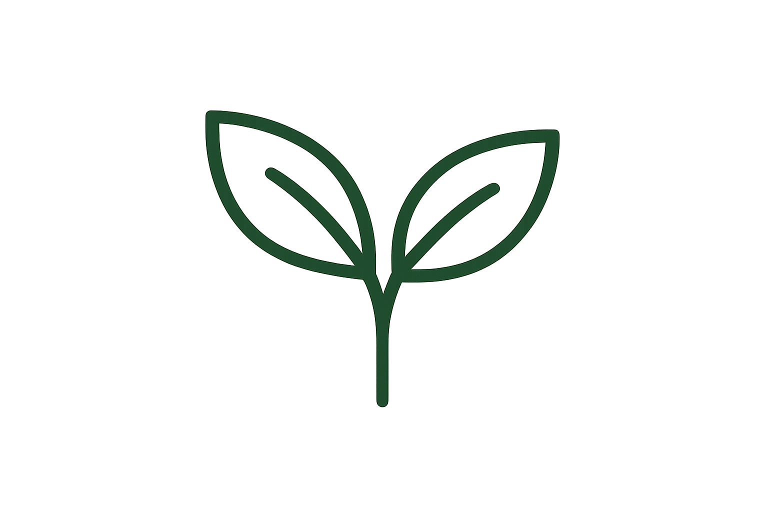 reate a minimalist line icon of a single leaf or small sprout. The design should be simple, geometric and modern, with clean, balanced lines. No shading, flat monochrome color (black or dark grey). Style: premium lifestyle D2C brand, elegant and timeless. The icon must be scalable for web and mobile use, and feel consistent with other minimalist icons such as a sun or water drop ; please in green and on a white background